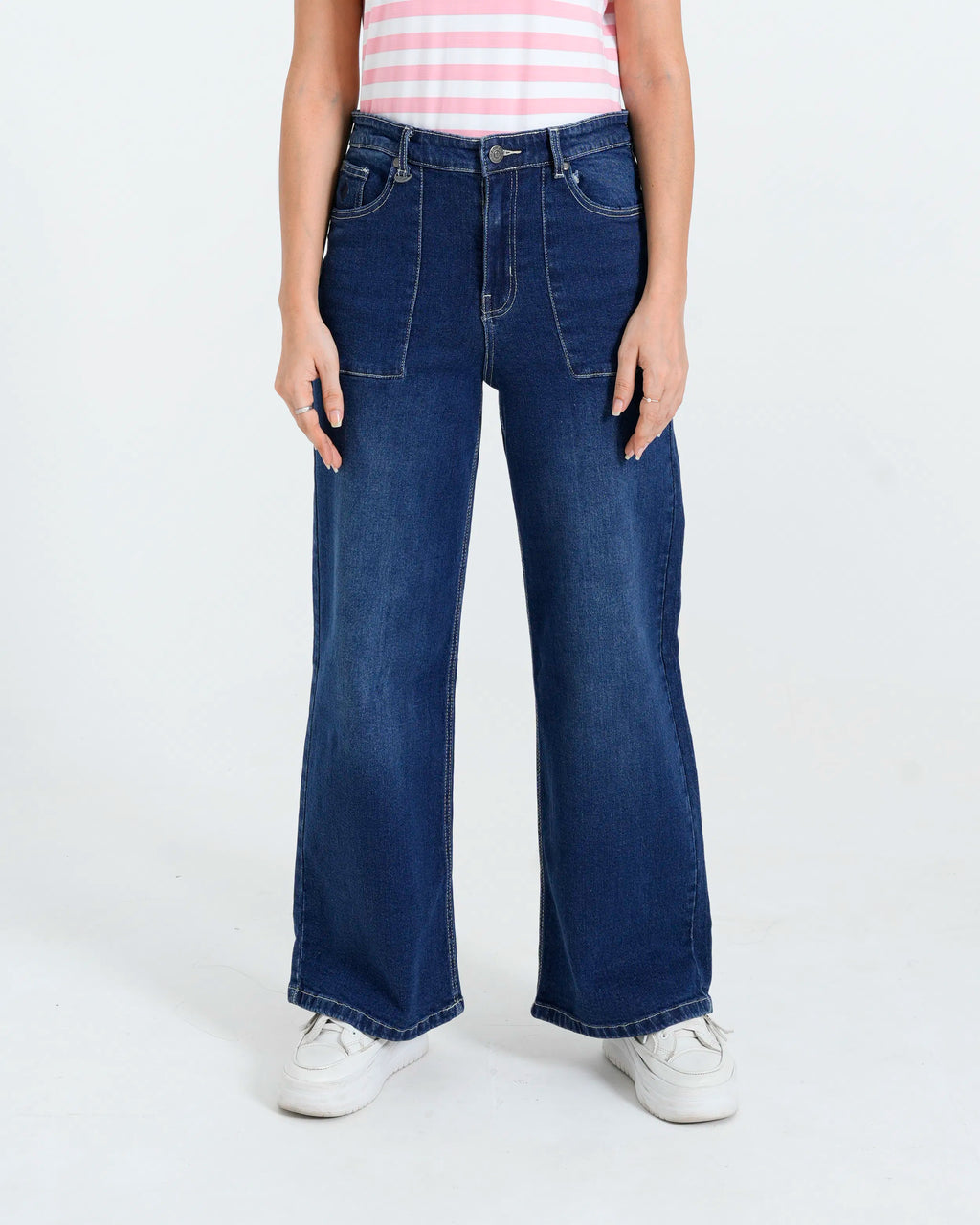 Blue wide leg denim jeans front view