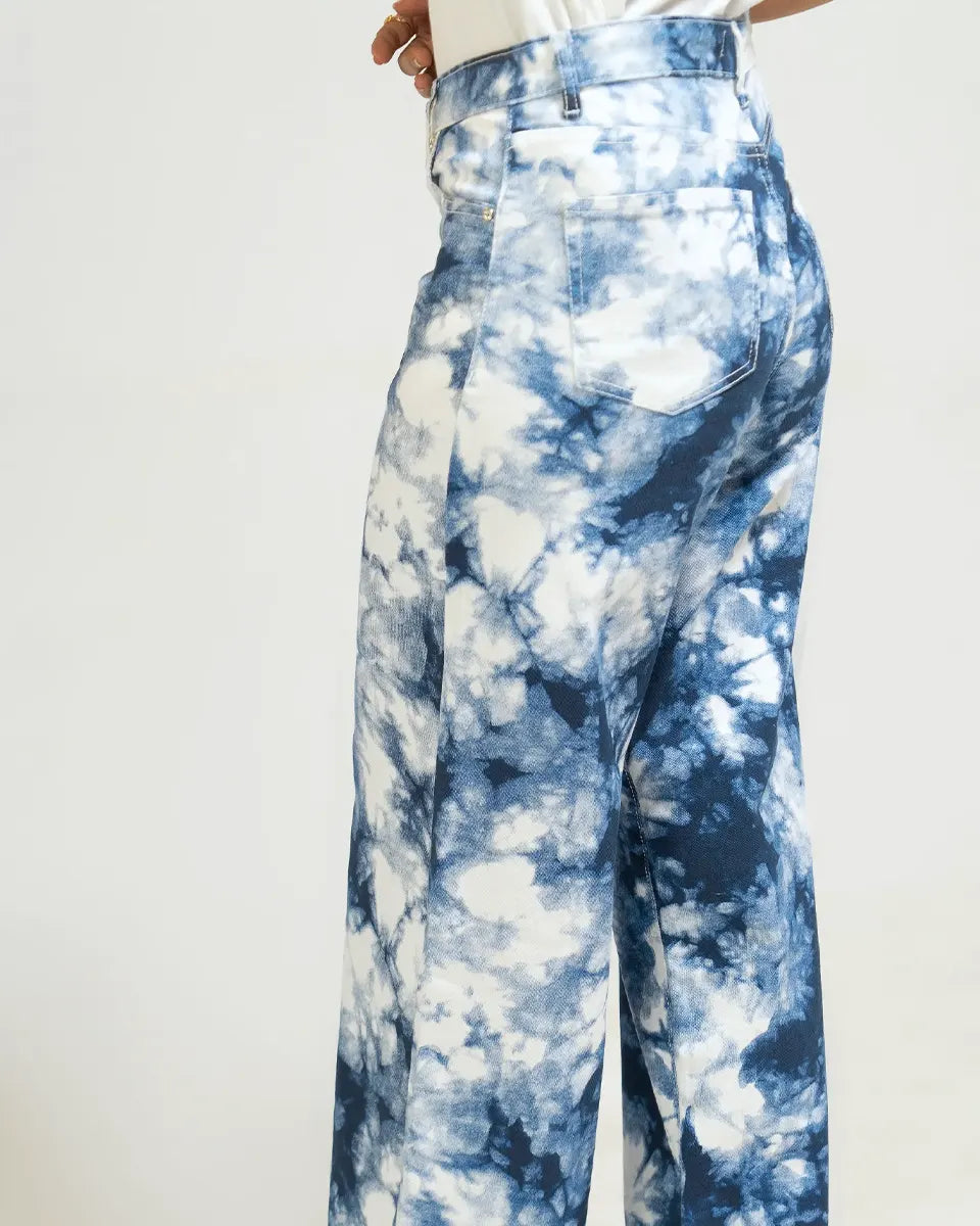 Blue wide leg jeans side view