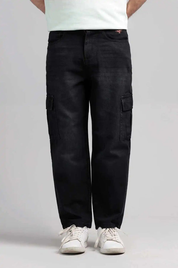 Men Loose Fit Cargo Denim Jeans - Charcoal
