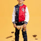 Little boy casual baseball jacket outfit full body look