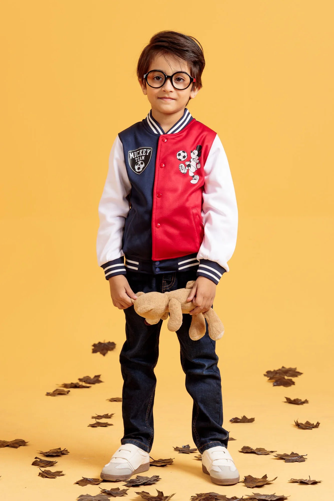 Little boy casual baseball jacket outfit full body look