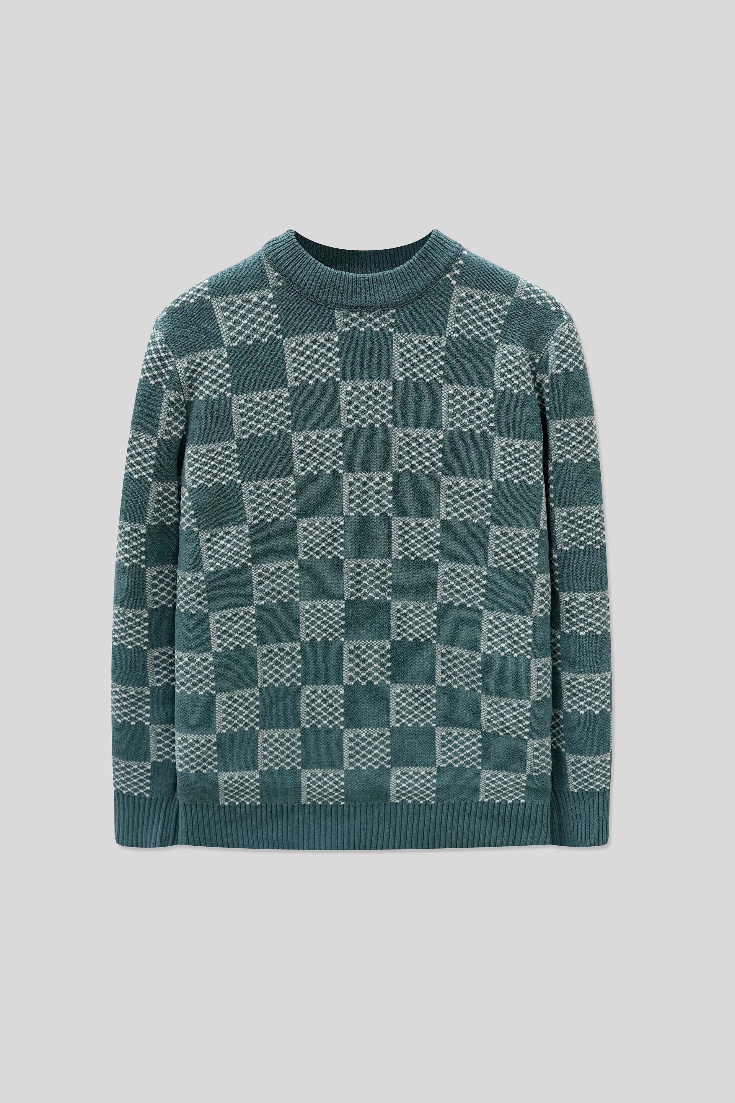 Centered view of a stone wool cardigan in blue with a checkered knit