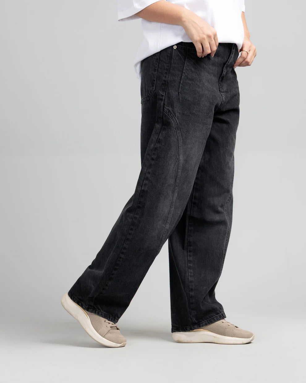 Charcoal cut & sewn jeans side view