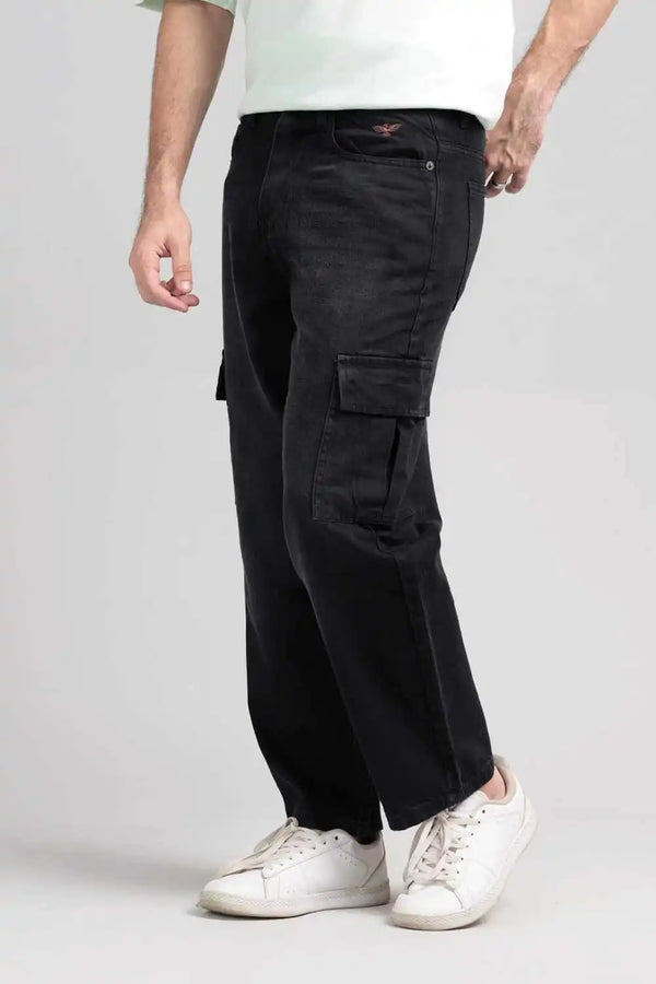 Men Loose Fit Cargo Denim Jeans - Charcoal