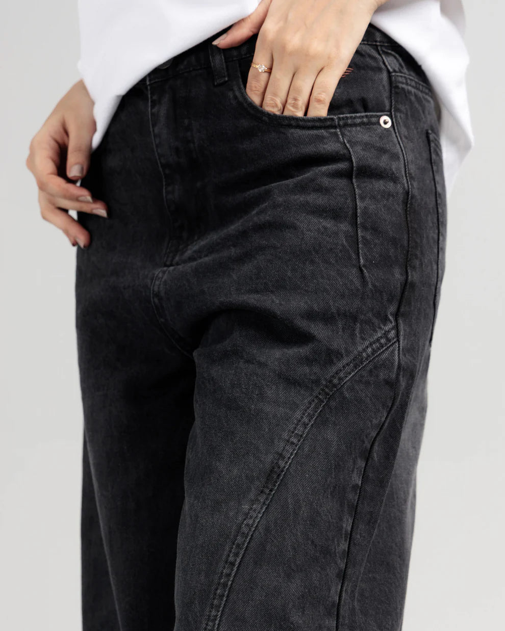 Charcoal skater fit jeans close up