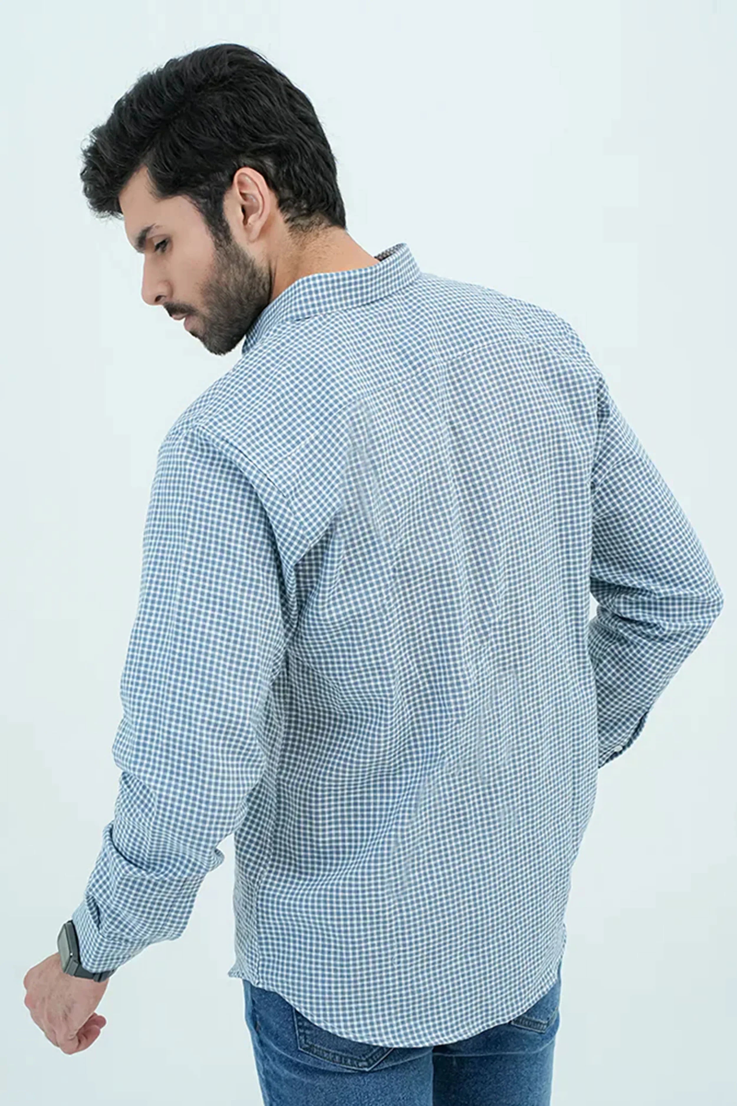 Back view of checkered blue casual shirt