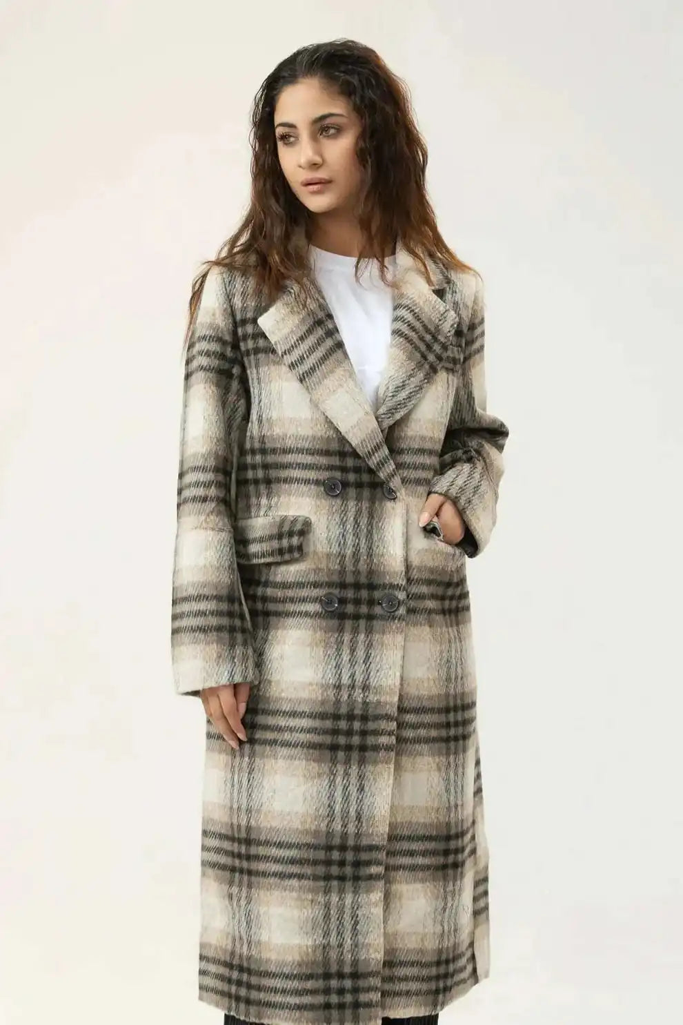 Women’s Checkered Long Wool Tweed Coat