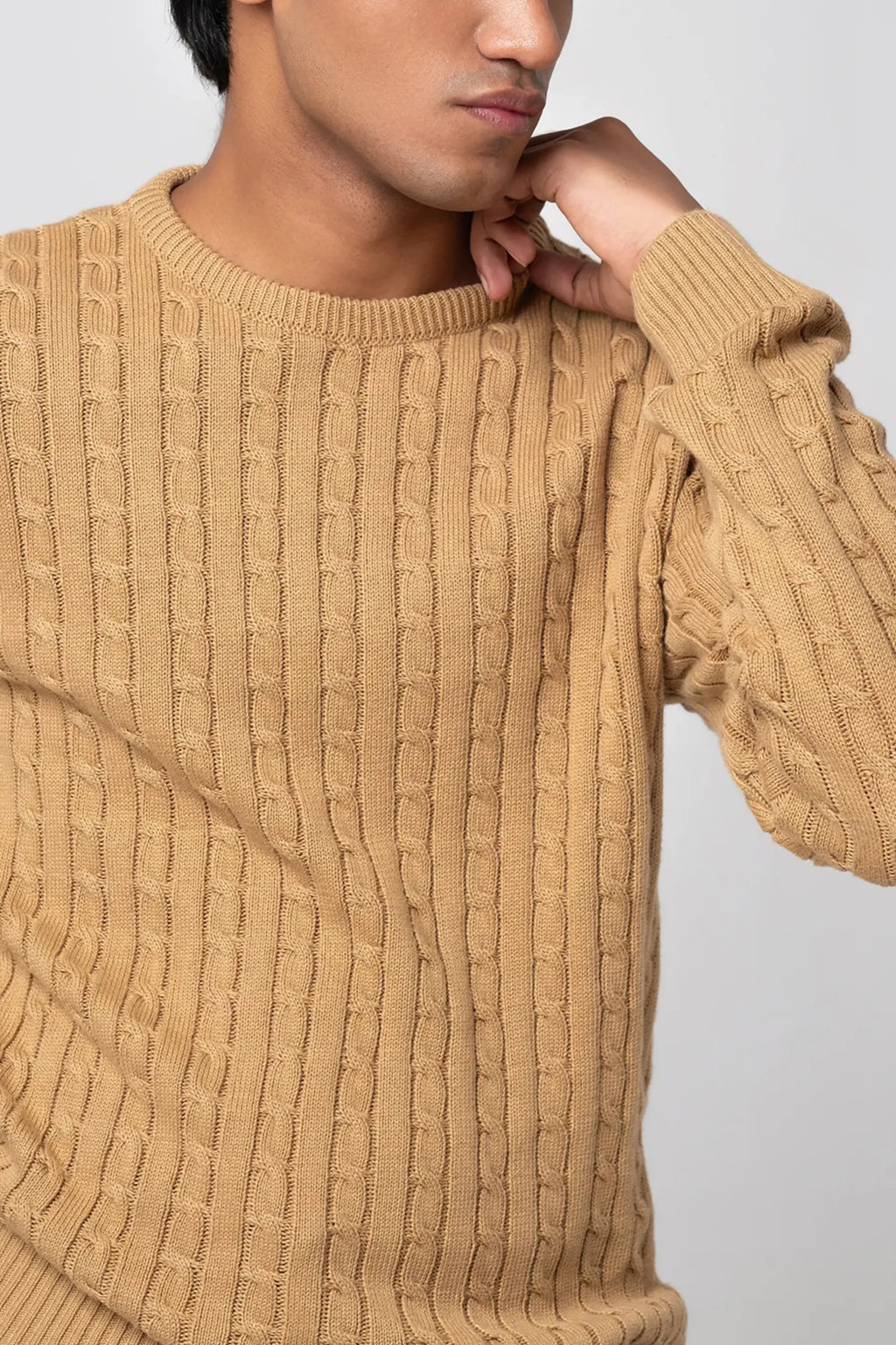 Man wearing beige crew neck cable knit sweater front view