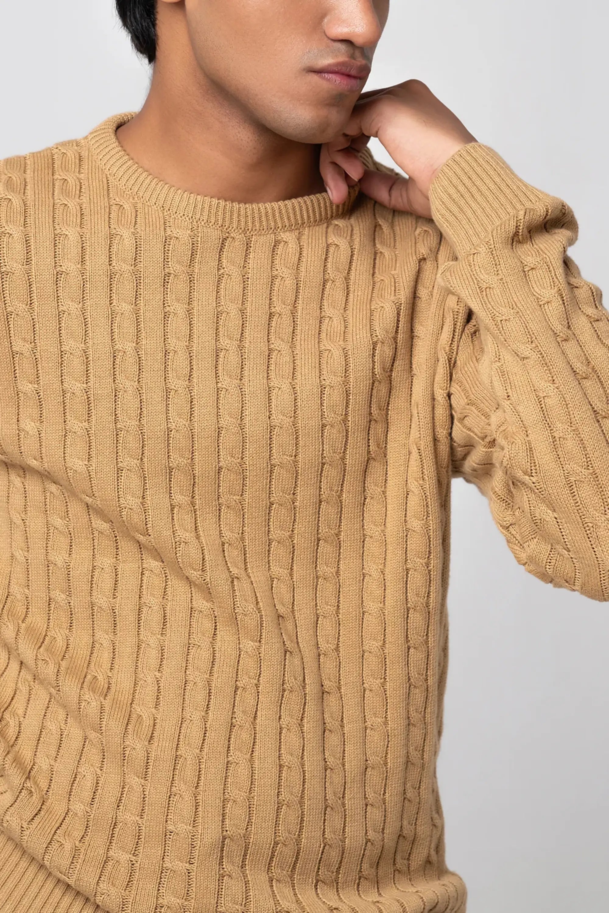 Man wearing beige crew neck cable knit sweater front view