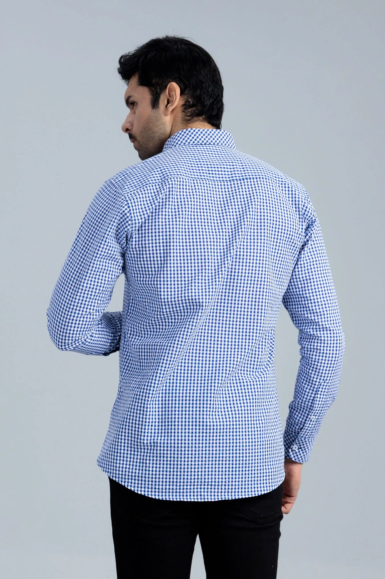 Classic Casual Blue Shirt back view showing full sleeve check pattern fit