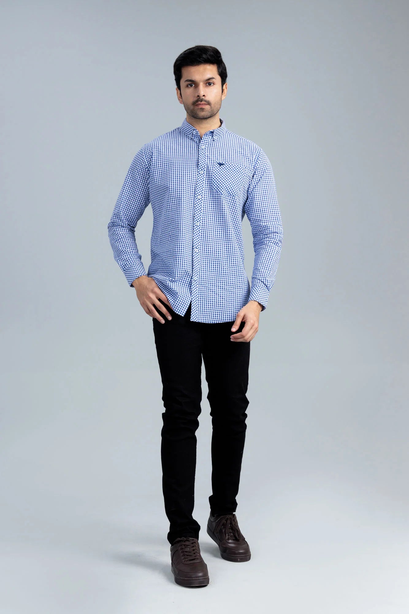 Classic Casual Blue Shirt full body front view styled with black pants