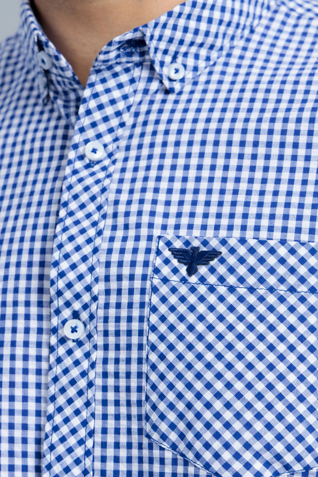 Classic Casual Blue Shirt close up pocket detail with blue check pattern