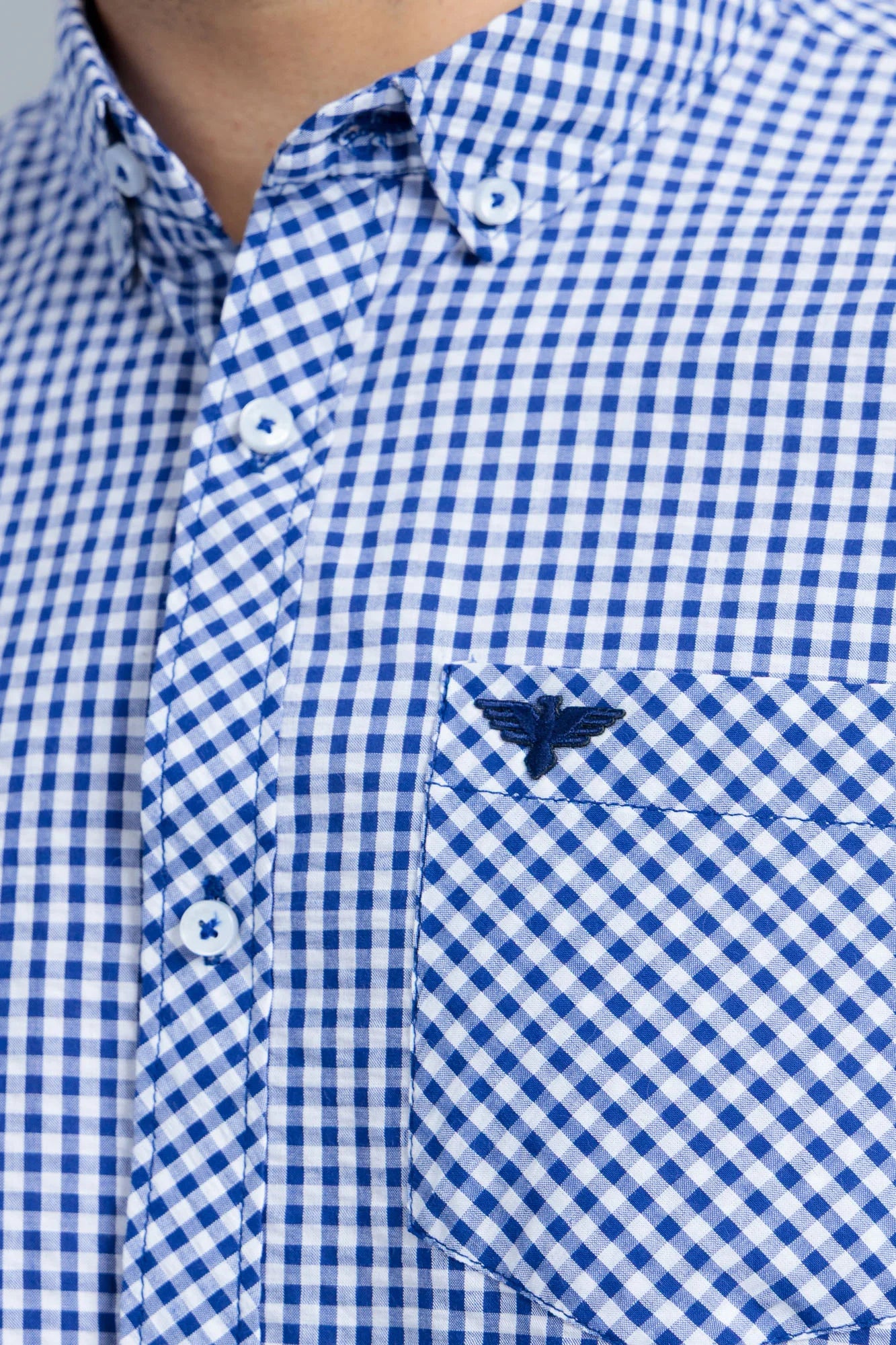 Classic Casual Blue Shirt close up pocket detail with blue check pattern
