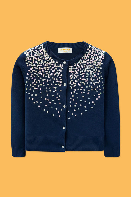 Junior Girls’ Navy R-Neck Wool Cardigan