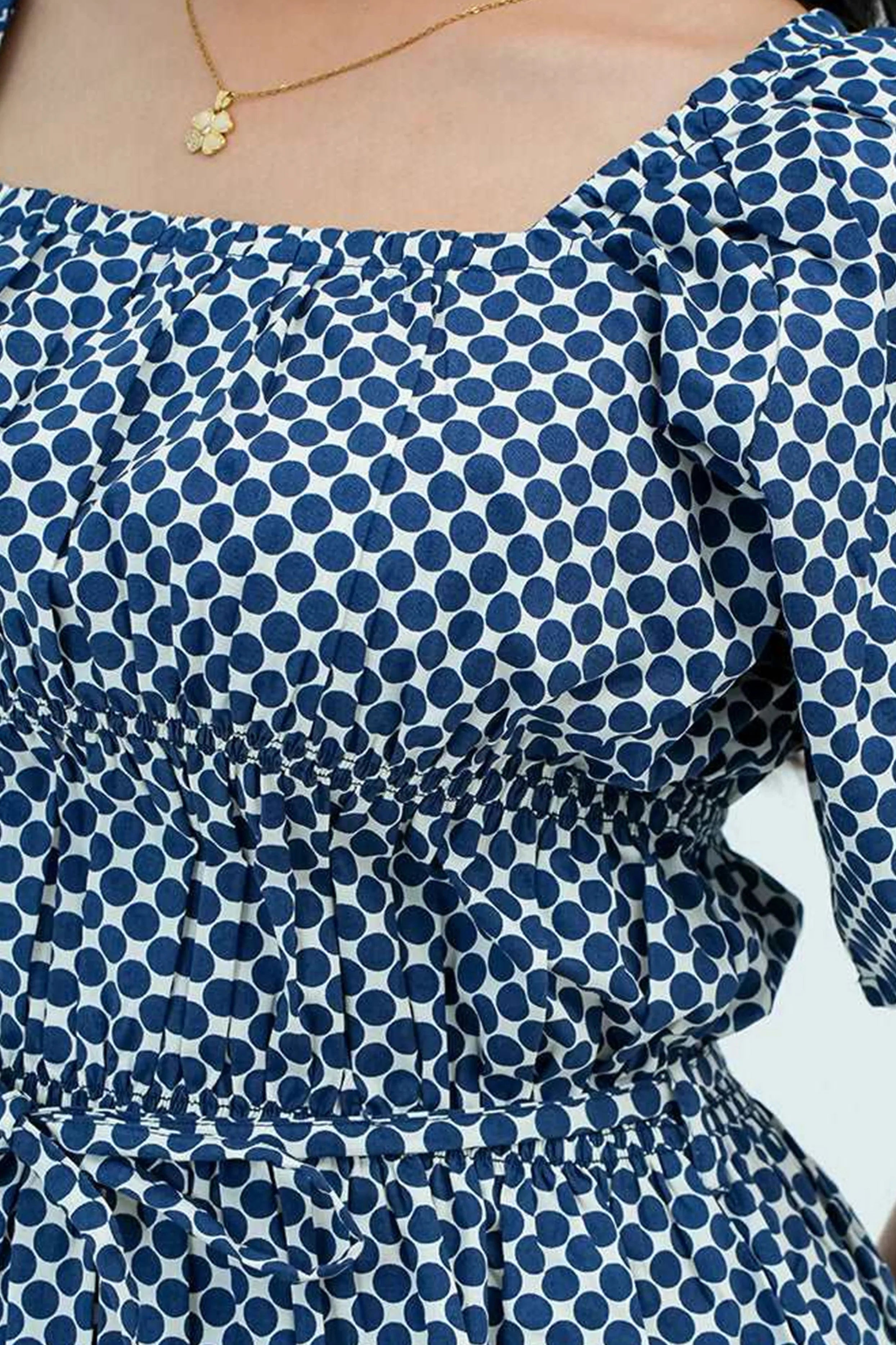 Close-up of a blue polka dot shirt