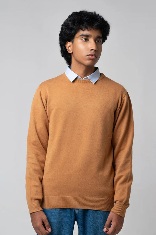 Centred front view of  crew neck sweater mustard with layered shirt