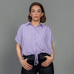 Women Drawstring Hem Poplin Super Cropped Shirt - Purple