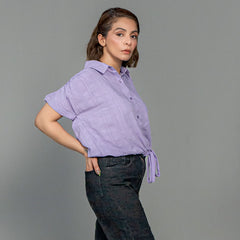 Women Drawstring Hem Poplin Super Cropped Shirt - Purple