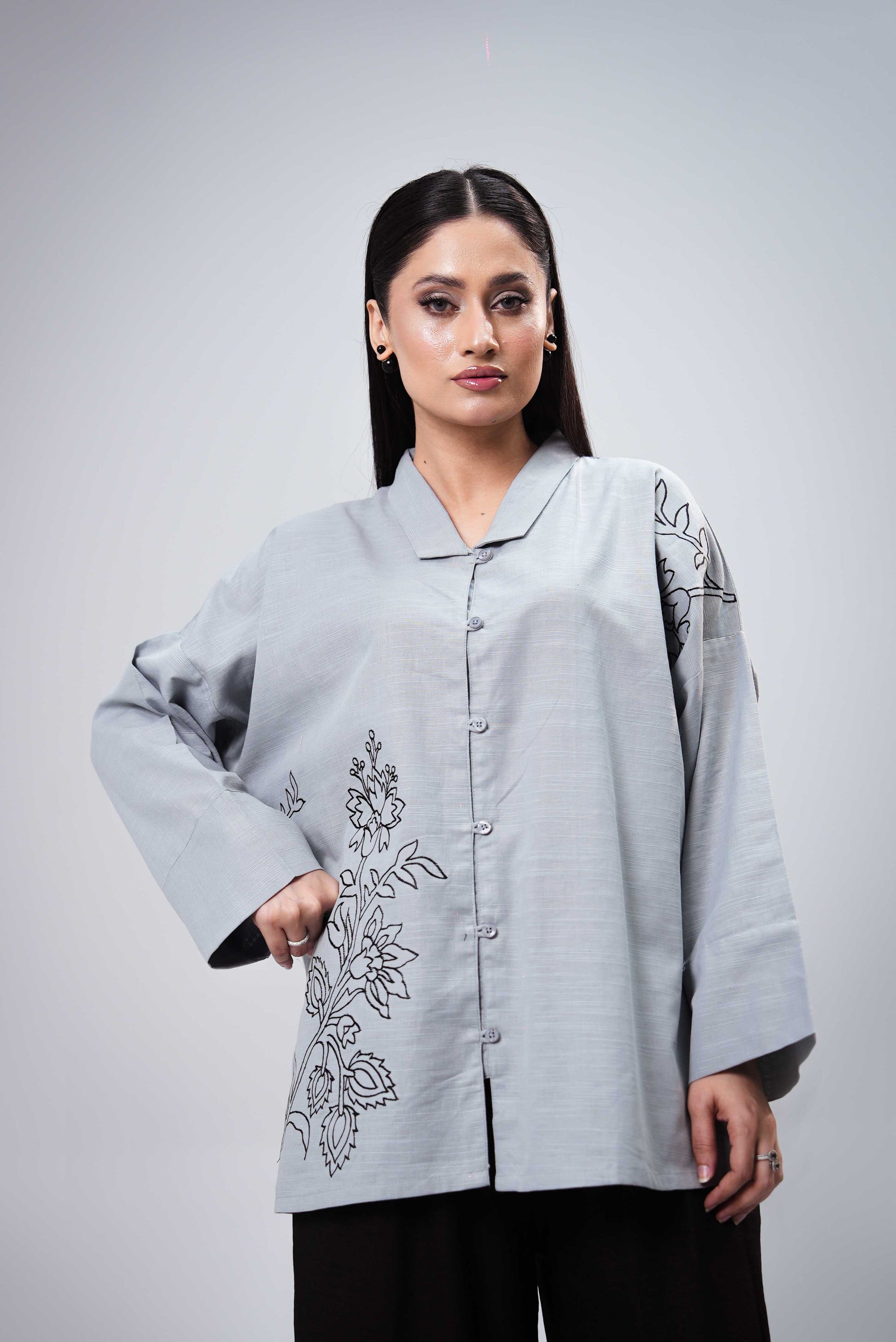 Classic Embroidered Shirt Women - Mint Blue