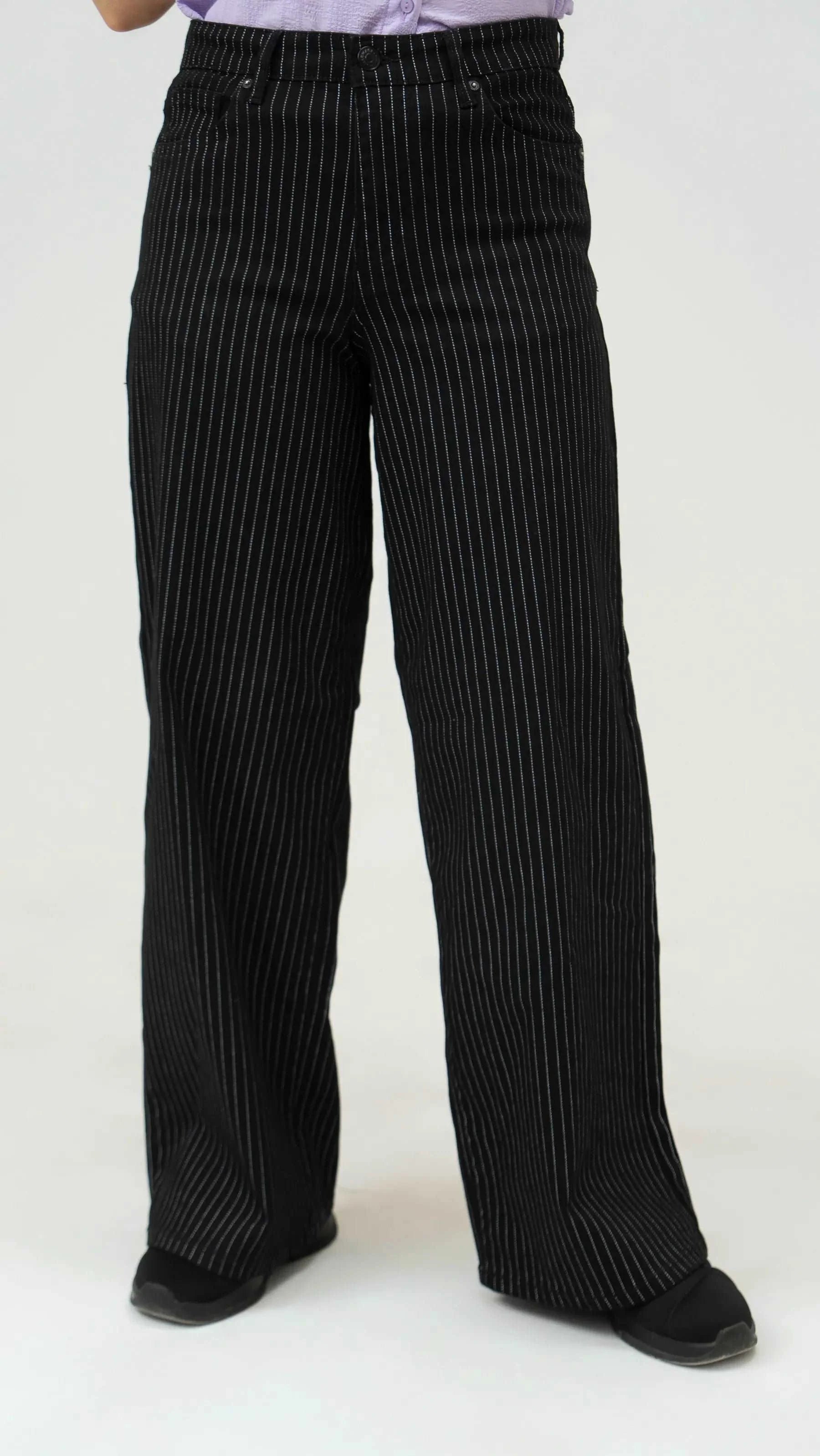 Women Stripped Jeans Wide Leg - Black - Harwage