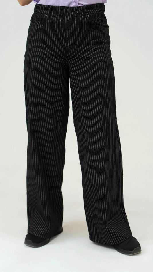 Women Stripped Jeans Wide Leg - Black - Harwage
