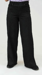 Women Stripped Jeans Wide Leg - Black