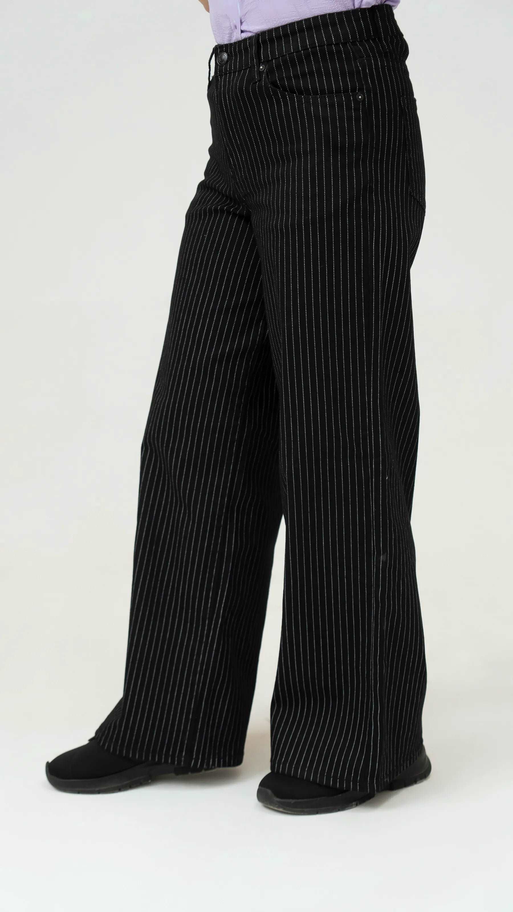Women Stripped Jeans Wide Leg - Black - Harwage