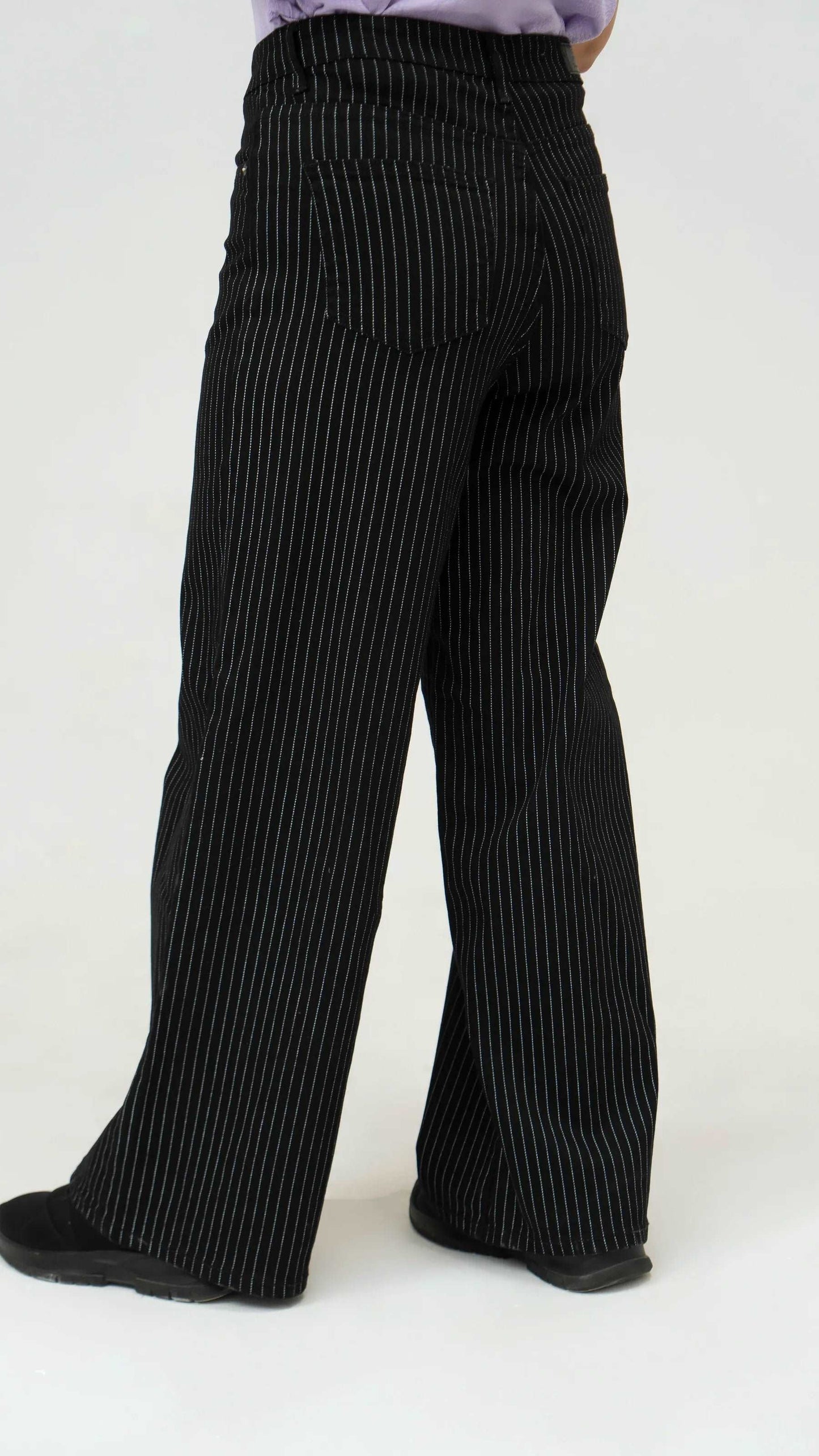 Women Stripped Jeans Wide Leg - Black - Harwage
