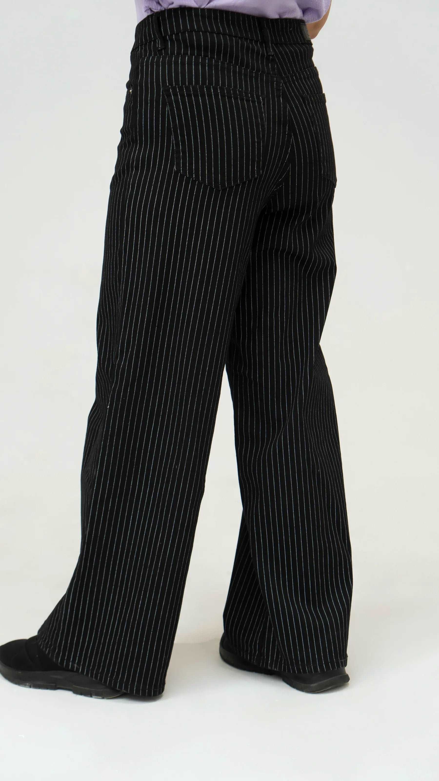 Women Stripped Jeans Wide Leg - Black - Harwage