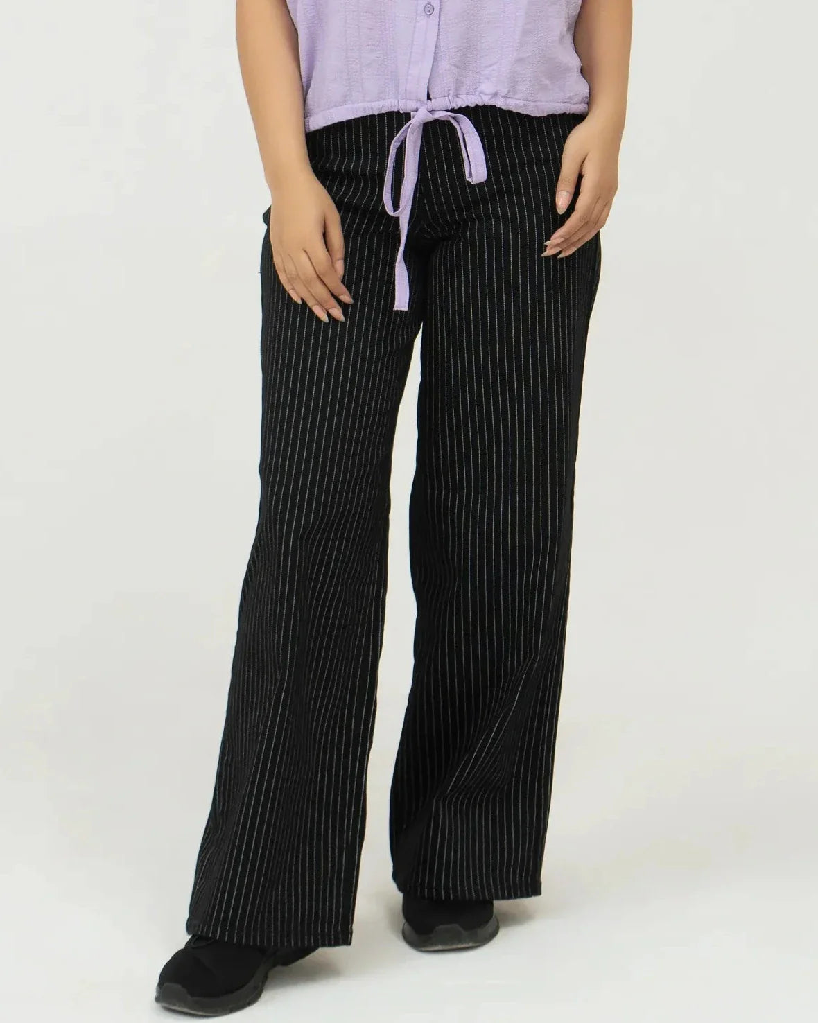Women Stripped Jeans Wide Leg - Black - Harwage