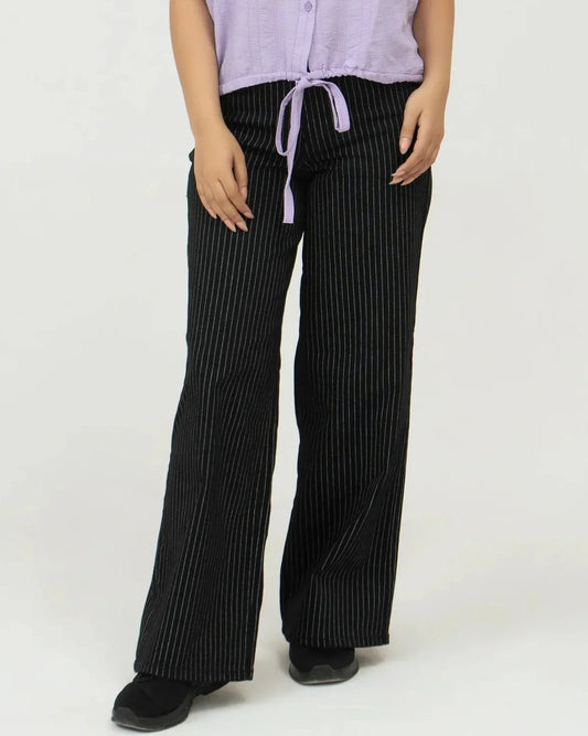 Women Stripped Jeans Wide Leg - Black - Harwage