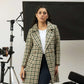 Women Long Tweed Coat - Dark Green Checkered - Harwage
