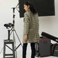 Women Long Tweed Coat - Dark Green Checkered - Harwage