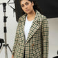 Women Long Tweed Coat - Dark Green Checkered - Harwage