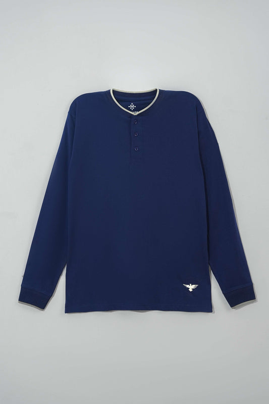Men Ban Collar Full-Sleeve T-Shirt – Blue