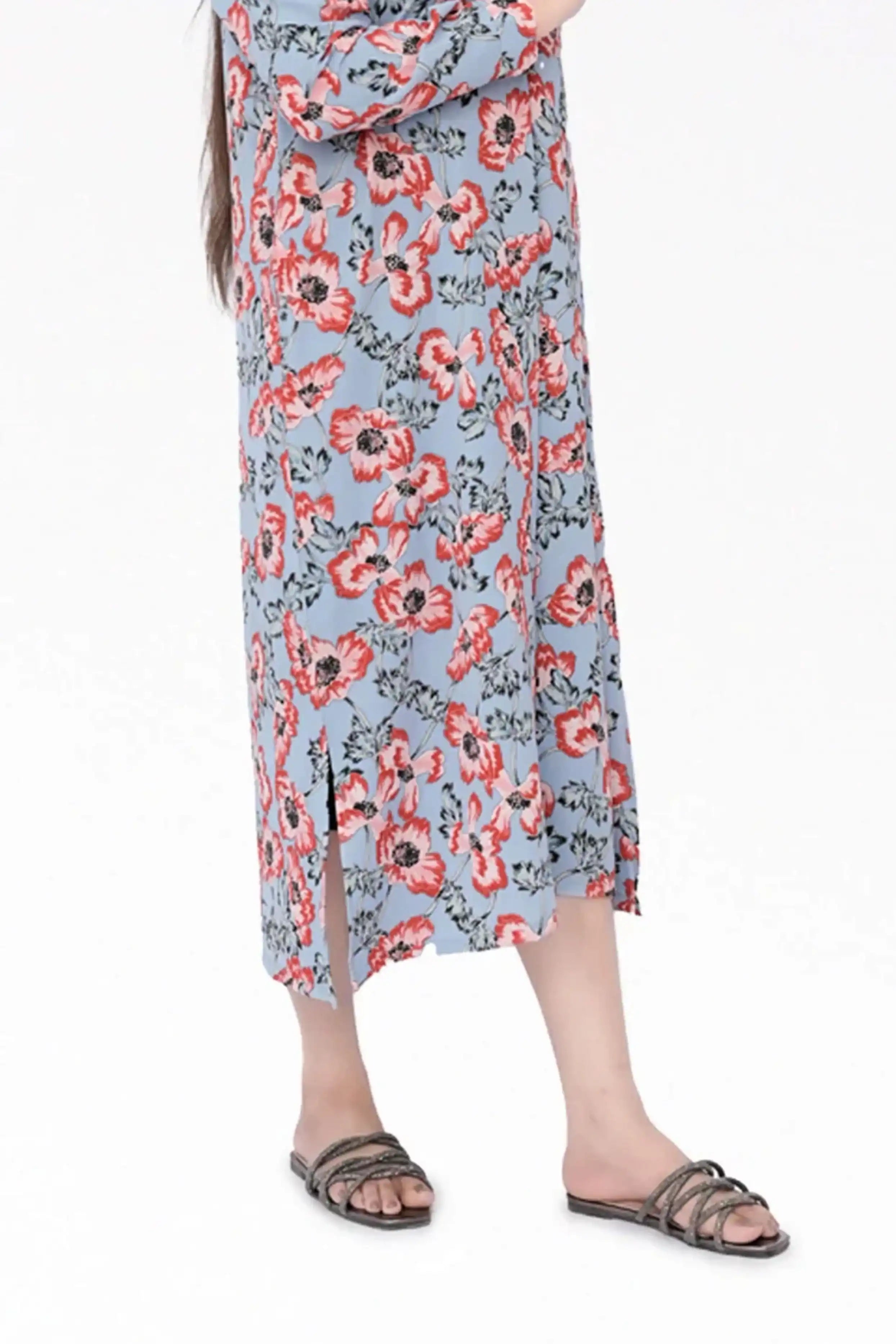 Floral-patterned skirt worn by a model