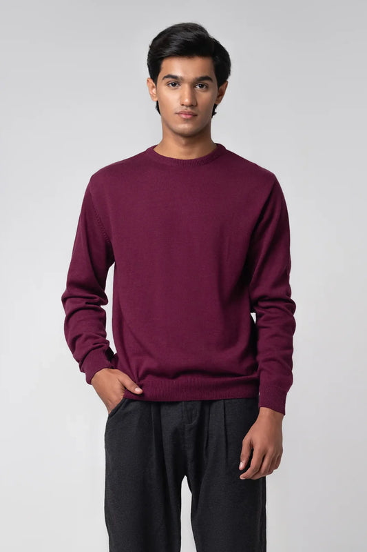 Front-facing pose wearing crew neck sweater maroon with dark trousers