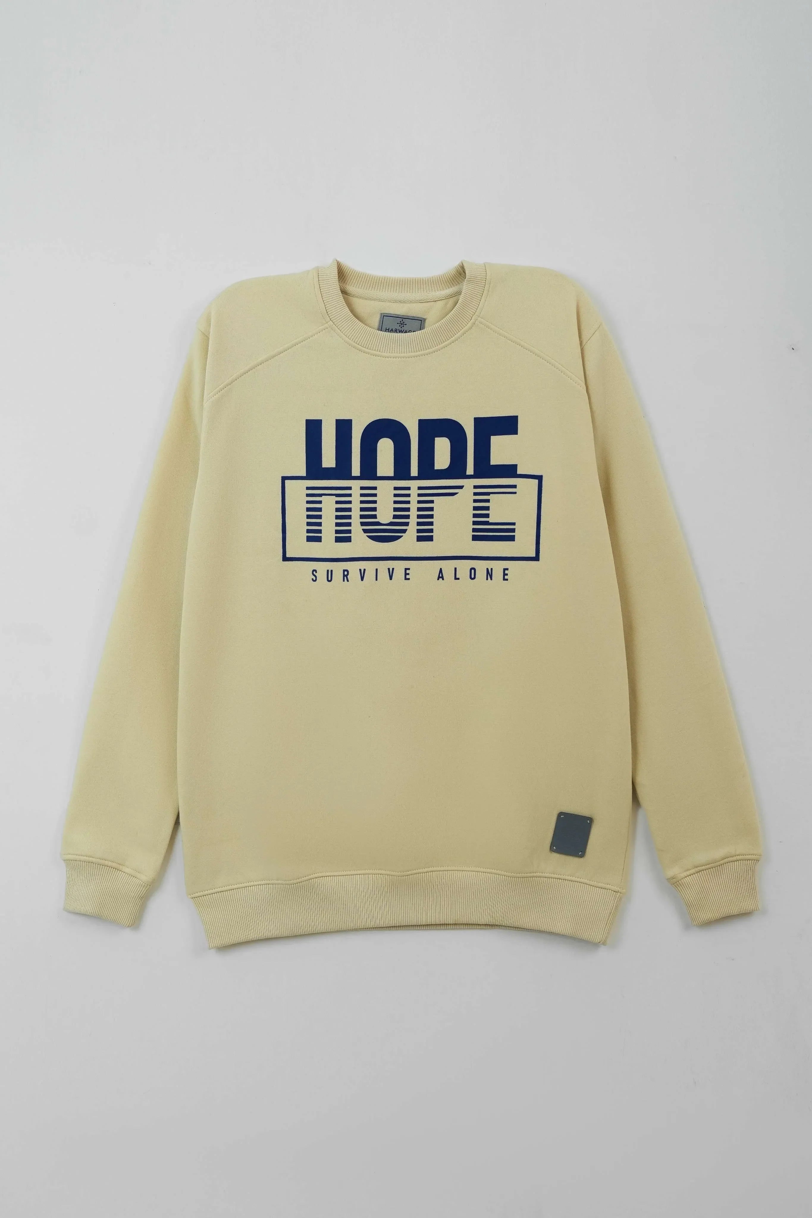 Centered front display of Cream Regular Fit Sweatshirt with printed slogan