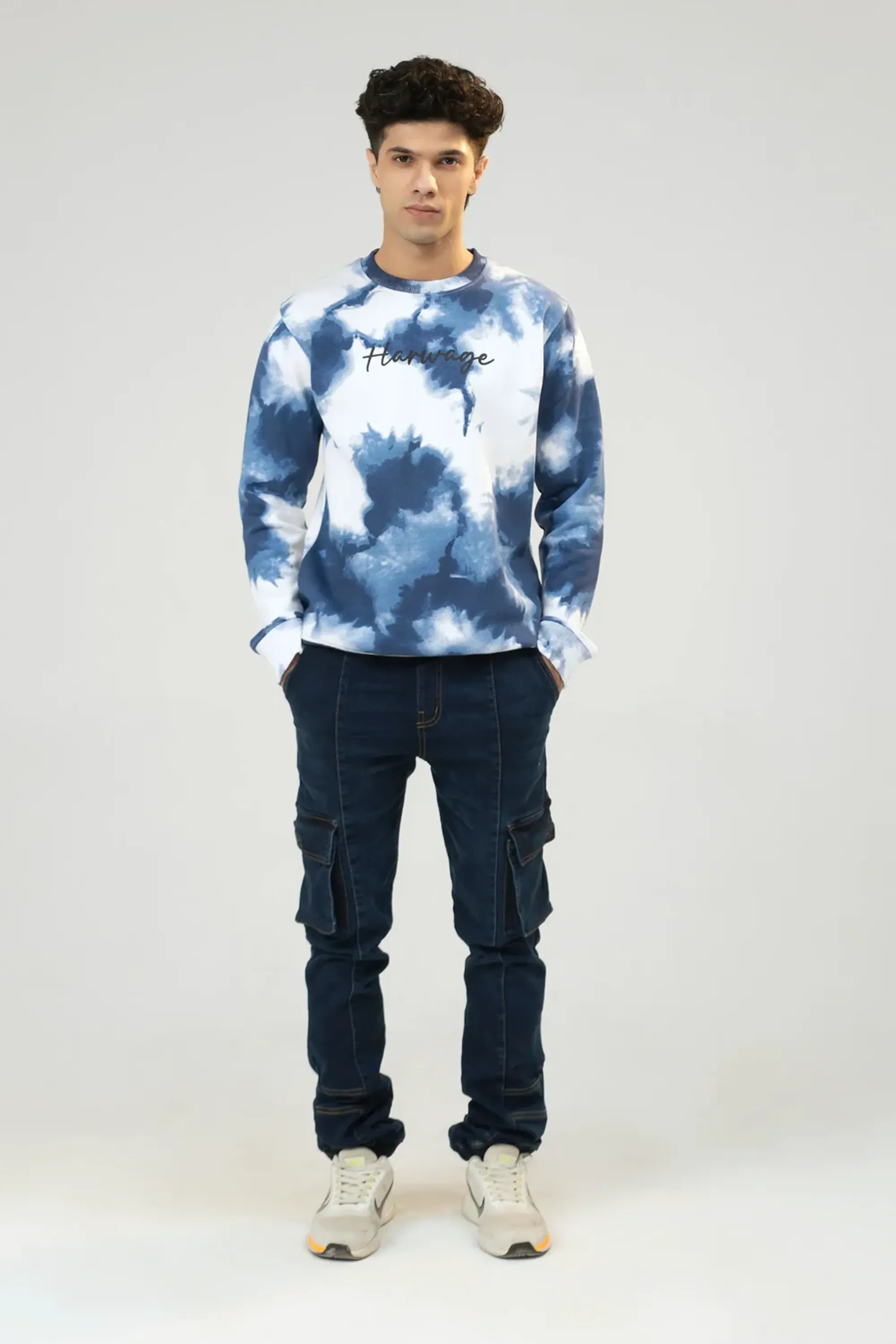 Front standing pose highlighting blue tie-dye camouflage pattern