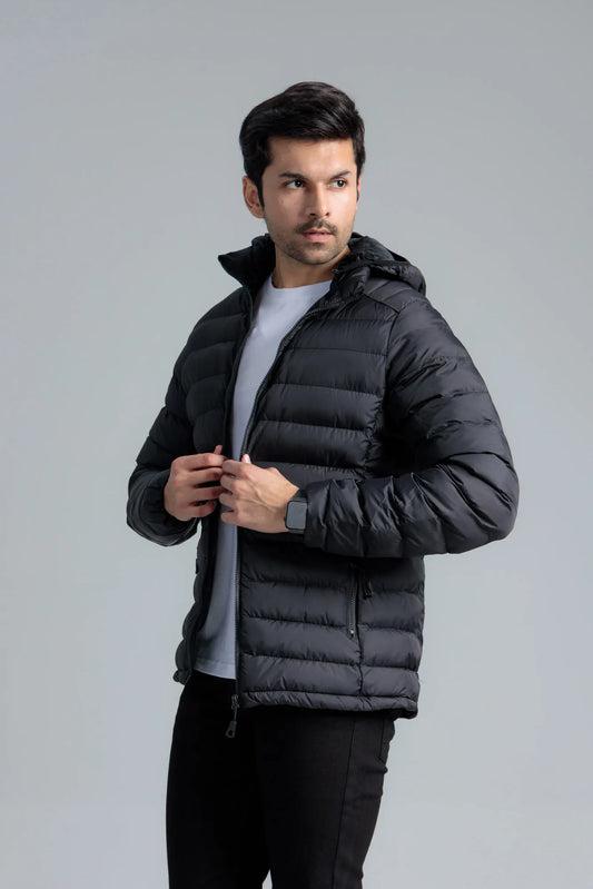 Front view of Black Men’s Puffer Jacket with zip closure