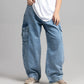 Front view of women’s ice blue skater fit cargo denim jeans