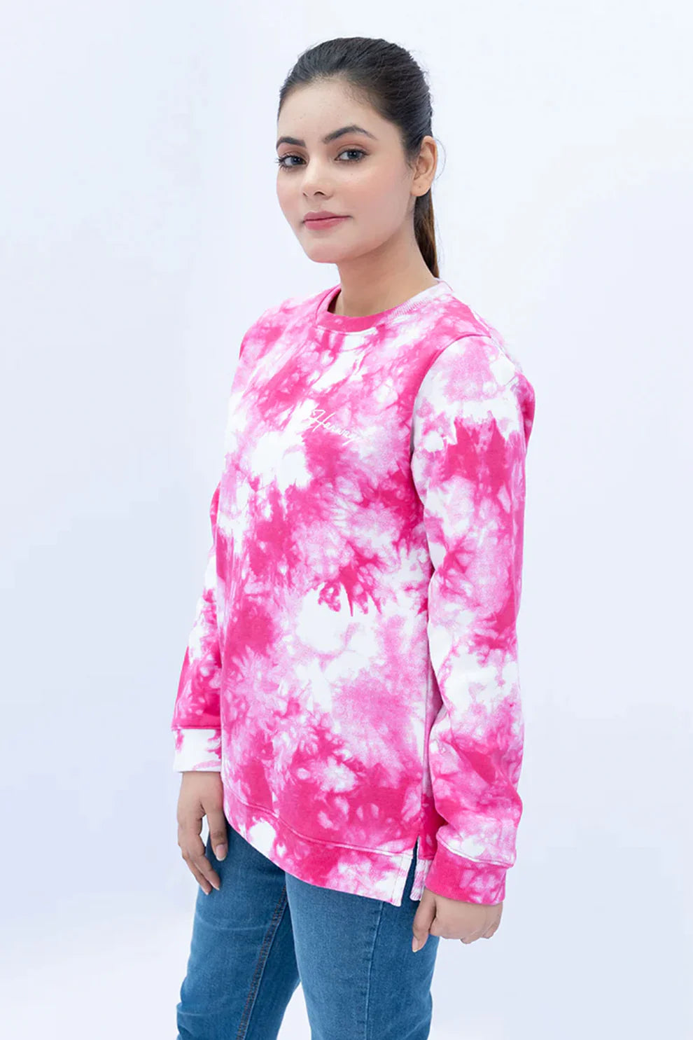 Fuchsia pink sweatshirt side view