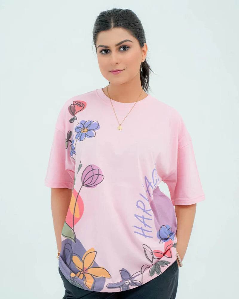 Women Graphic Oversized T-Shirt – Pink - Harwage
