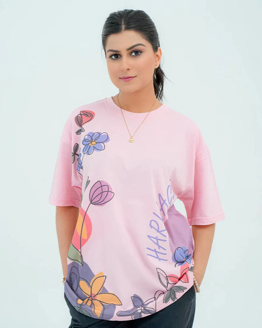 Women Graphic Oversized T-Shirt – Pink - Harwage