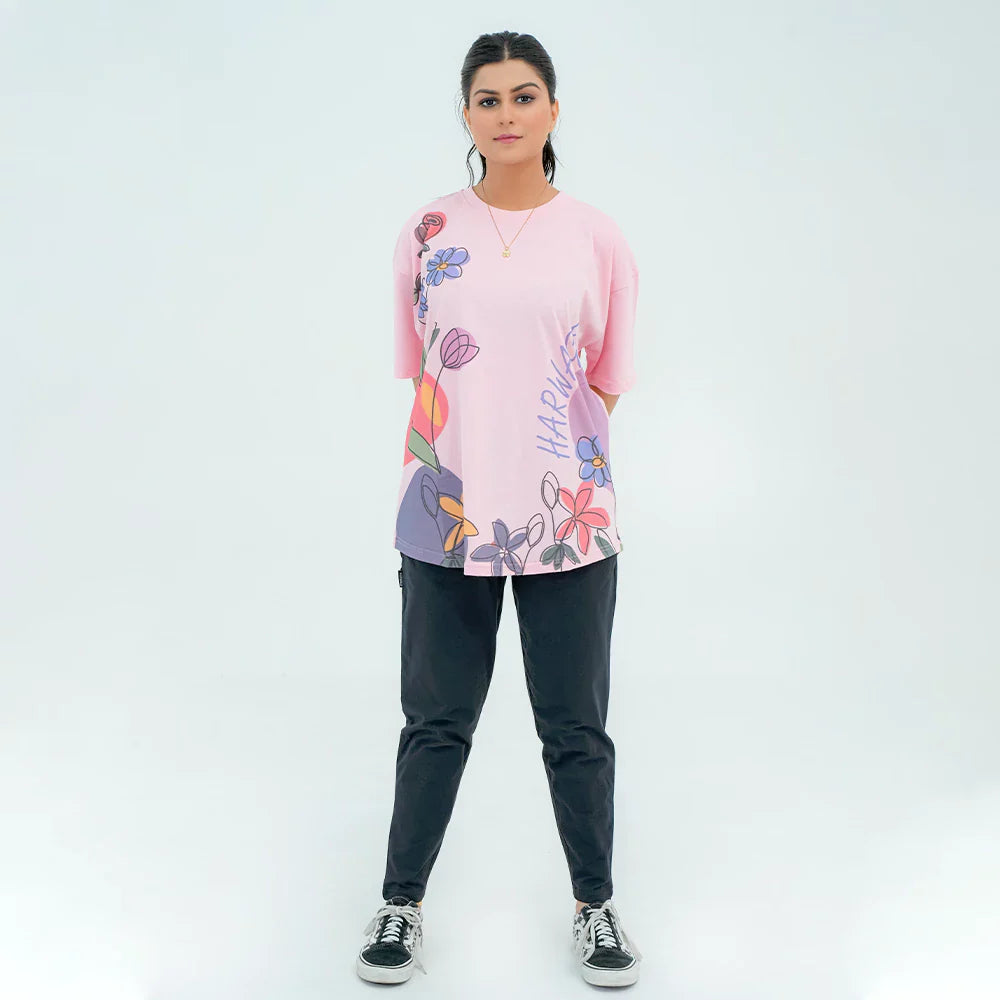 Women Graphic Oversized T-Shirt – Pink - Harwage