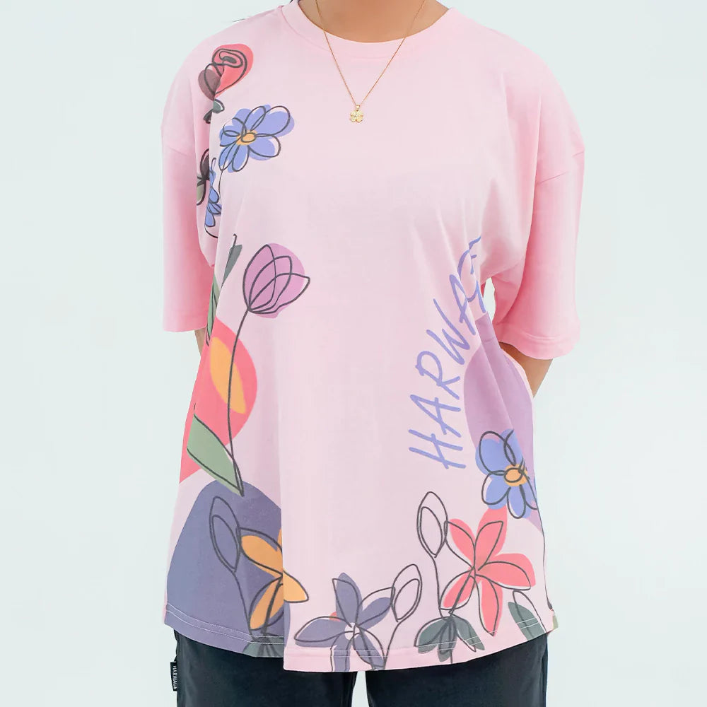 Women Graphic Oversized T-Shirt – Pink - Harwage