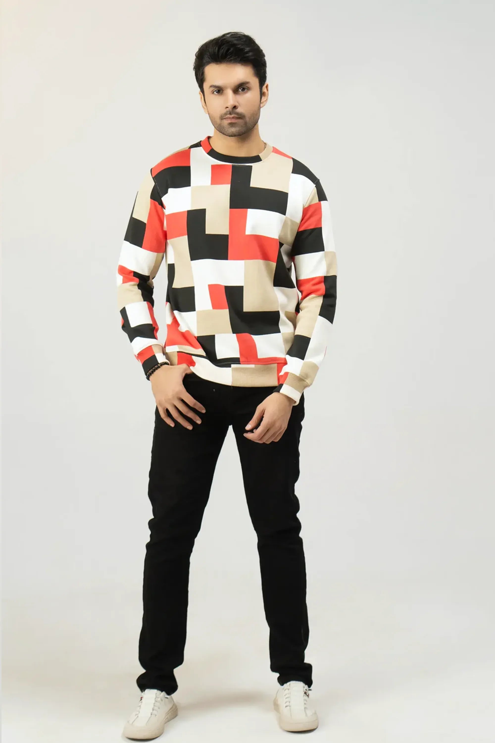 Front full-body view of Geometric Checkered Fit Sweatshirt on model