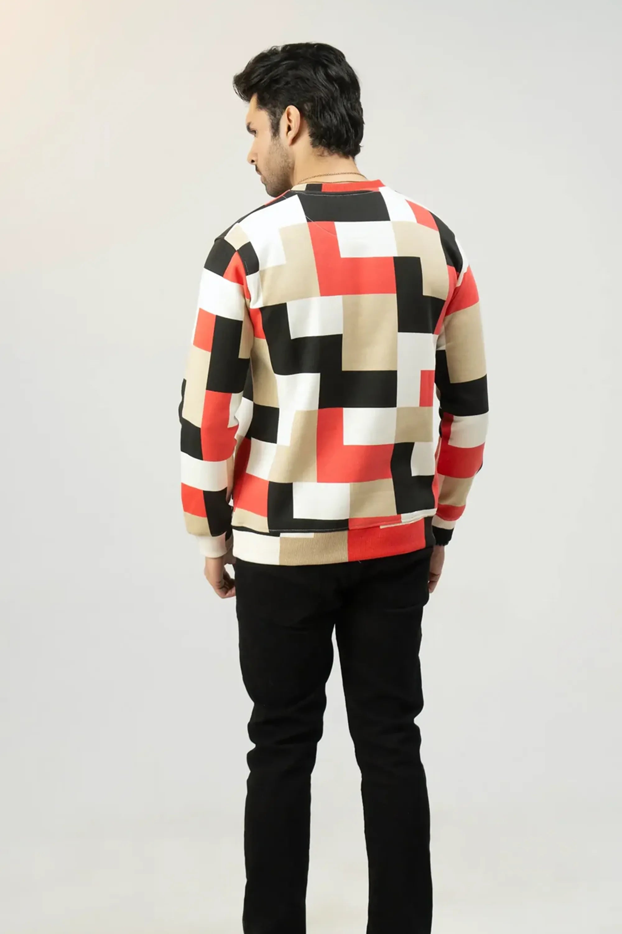 Back profile of Geometric Checkered Fit Sweatshirt with bold pattern