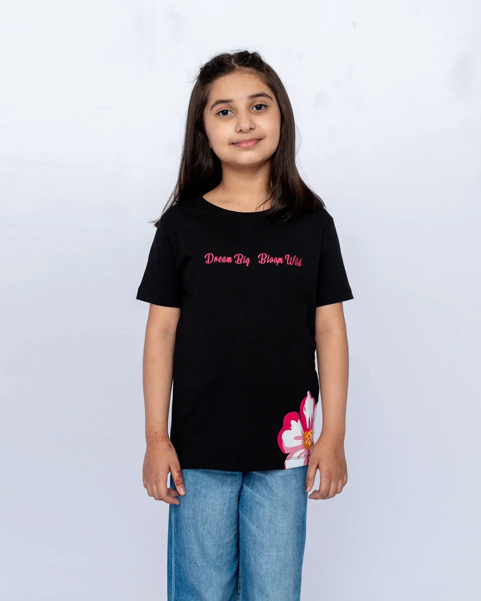 Girls’ Black Printed Graphic Tee Casual