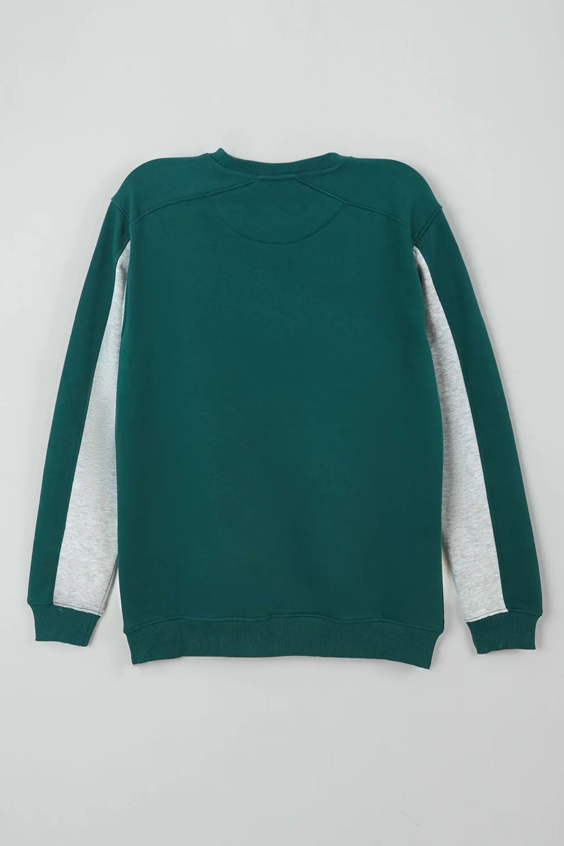 Green sweatshirt with white sleeves on a light gray background